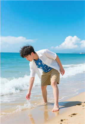 夏日海边踏浪戏水的男孩图片